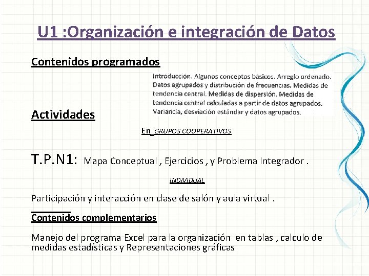 U 1 : Organización e integración de Datos Contenidos programados Actividades En GRUPOS COOPERATIVOS