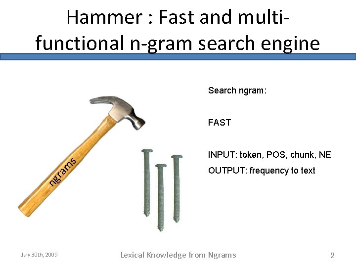 Hammer : Fast and multifunctional n-gram search engine Search ngram: FAST OUTPUT: frequency to