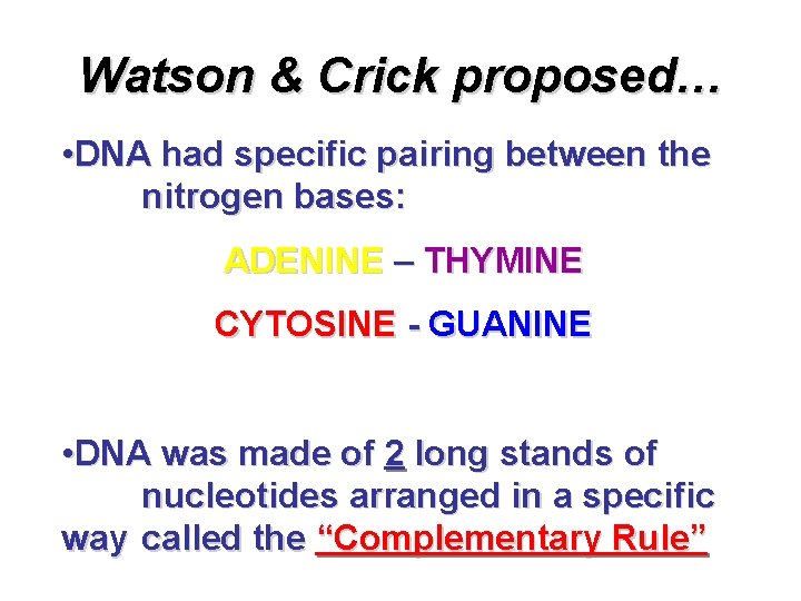 Watson & Crick proposed… • DNA had specific pairing between the nitrogen bases: ADENINE