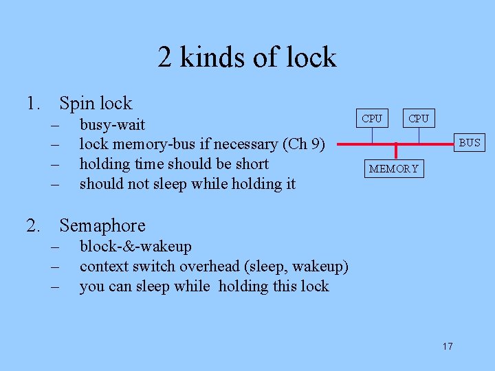 2 kinds of lock 1. Spin lock – – busy-wait lock memory-bus if necessary