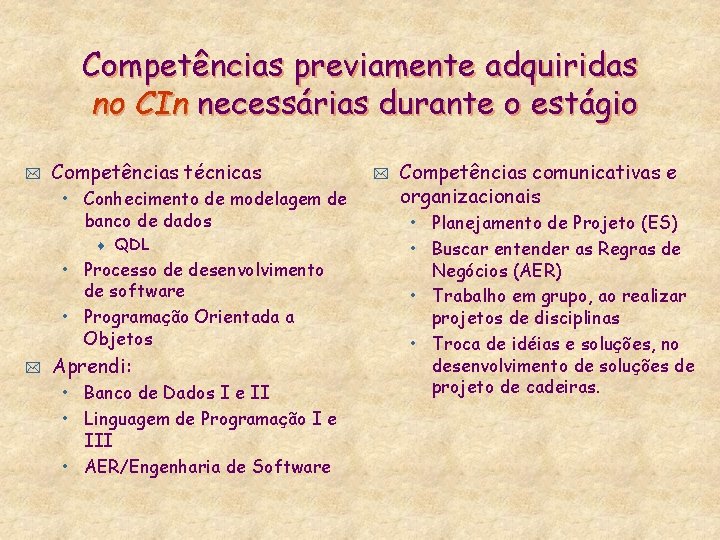 Competências previamente adquiridas no CIn necessárias durante o estágio * Competências técnicas • Conhecimento