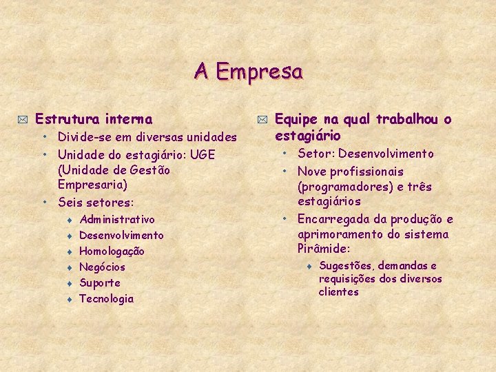 A Empresa * Estrutura interna • Divide-se em diversas unidades • Unidade do estagiário: