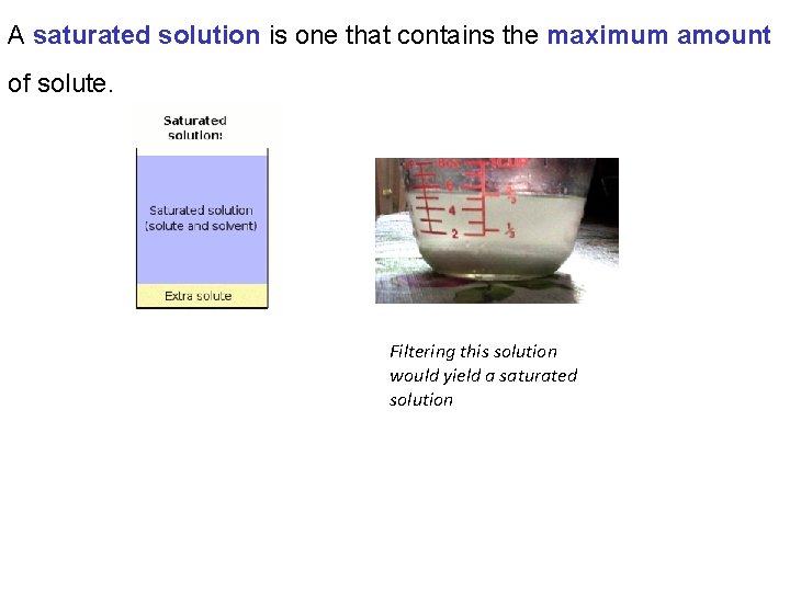 A saturated solution is one that contains the maximum amount of solute. Filtering this