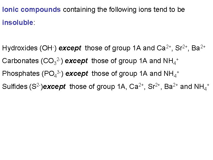 Ionic compounds containing the following ions tend to be insoluble: Hydroxides (OH-) except those