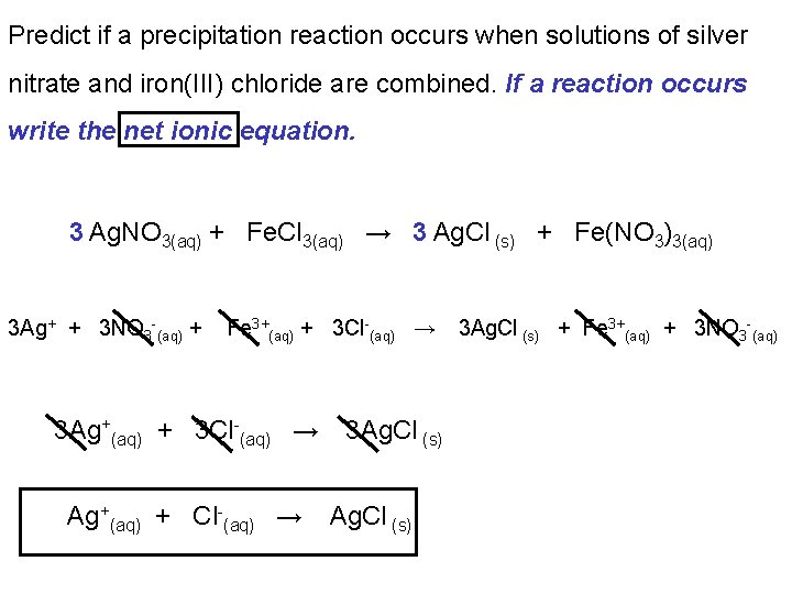 Predict if a precipitation reaction occurs when solutions of silver nitrate and iron(III) chloride