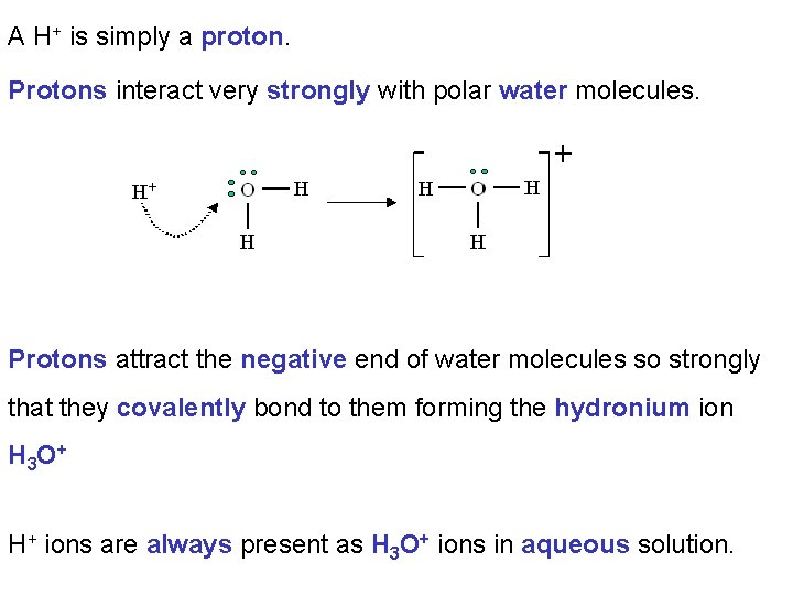 A H+ is simply a proton. Protons interact very strongly with polar water molecules.