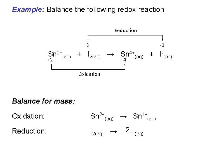 Example: Balance the following redox reaction: Reduction 0 -1 Sn 2+(aq) + I 2(aq)