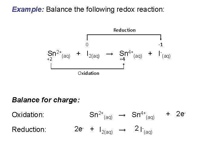 Example: Balance the following redox reaction: Reduction 0 -1 Sn 2+(aq) + I 2(aq)