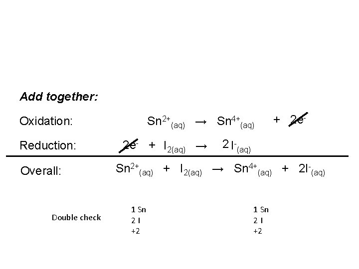 Add together: Oxidation: Reduction: Overall: Double check Sn 2+(aq) → Sn 4+(aq) 2 e-