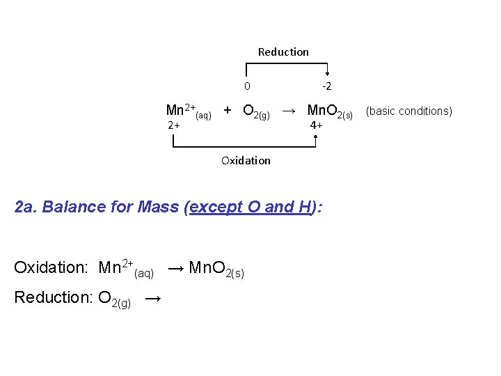 Reduction 0 -2 Mn 2+(aq) + O 2(g) → Mn. O 2(s) 2+ 4+