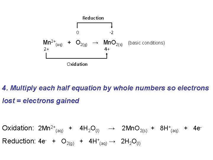 Reduction 0 -2 Mn 2+(aq) + O 2(g) → Mn. O 2(s) 2+ (basic