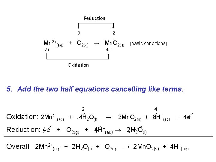 Reduction 0 -2 Mn 2+(aq) + O 2(g) → Mn. O 2(s) 2+ (basic