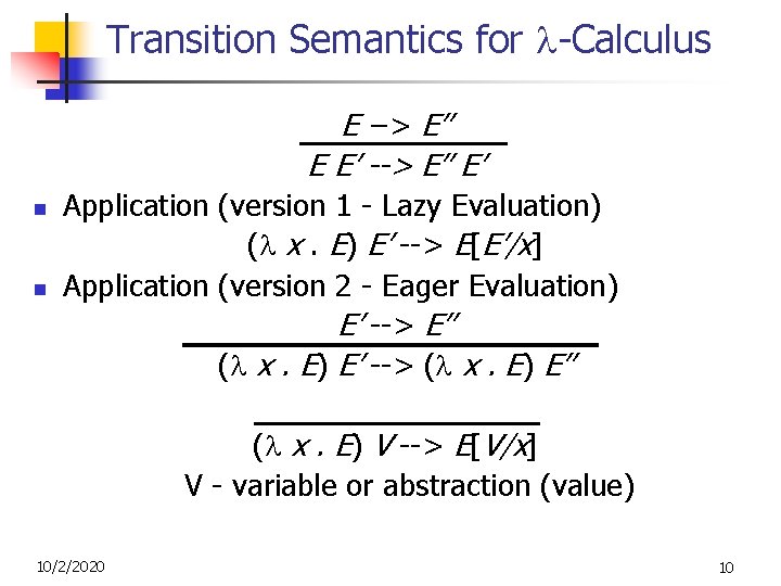 Transition Semantics for -Calculus E --> E’’ E E’ --> E’’ E’ n n Transition Semantics for -Calculus E --> E’’ E E’ --> E’’ E’ n n