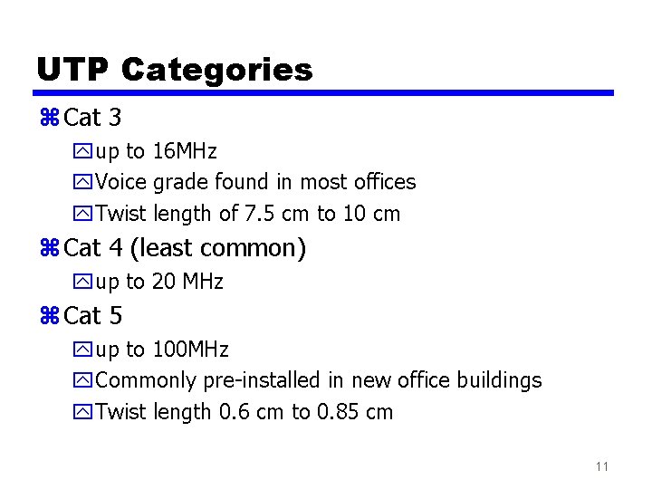 UTP Categories z Cat 3 yup to 16 MHz y. Voice grade found in