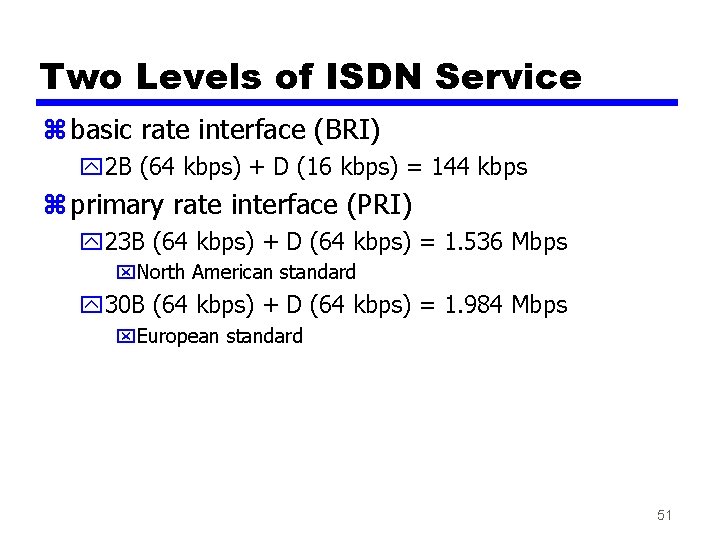 Two Levels of ISDN Service z basic rate interface (BRI) y 2 B (64