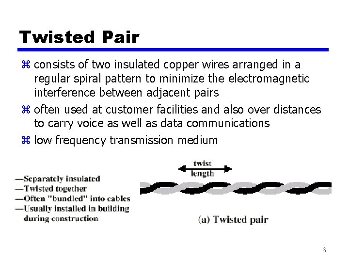 Twisted Pair z consists of two insulated copper wires arranged in a regular spiral