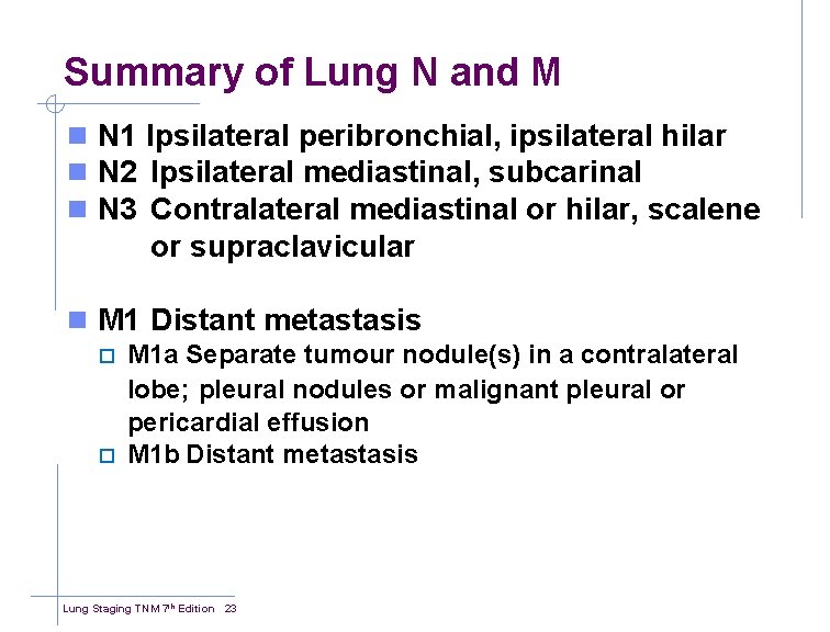 Summary of Lung N and M n N 1 Ipsilateral peribronchial, ipsilateral hilar n