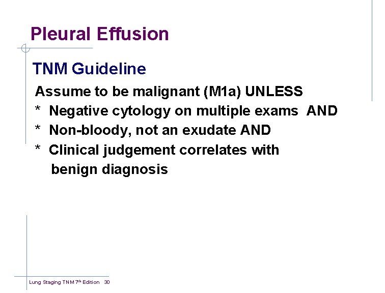 Pleural Effusion TNM Guideline Assume to be malignant (M 1 a) UNLESS * Negative