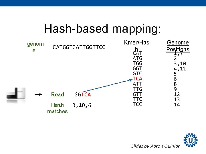Hash-based mapping: genom e CATGGTCATTGGTTCC Read TGGTCA Hash 3, 10, 6 matches Kmer/Has h