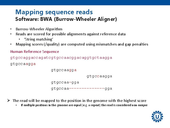 Mapping sequence reads Software: BWA (Burrow-Wheeler Aligner) • Burrow-Wheeler Algorithm • Reads are scored