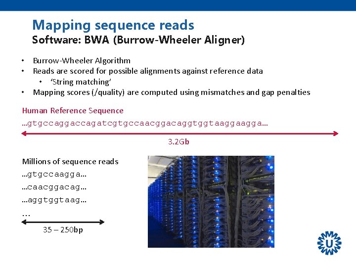 Mapping sequence reads Software: BWA (Burrow-Wheeler Aligner) • Burrow-Wheeler Algorithm • Reads are scored