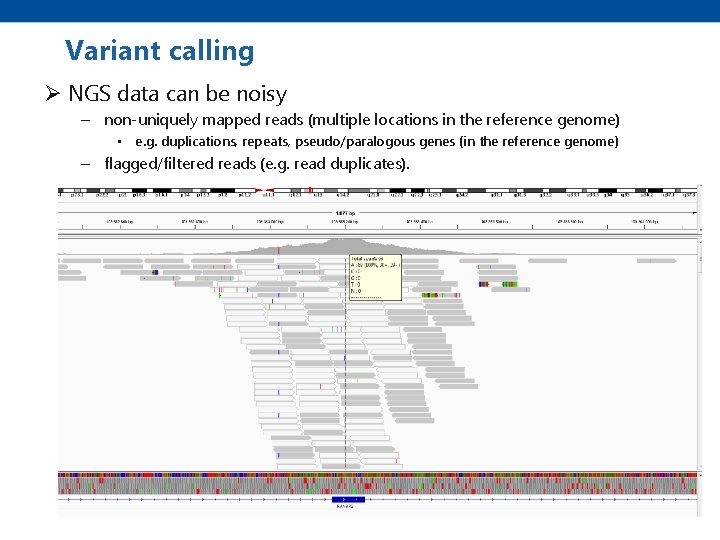 Variant calling Ø NGS data can be noisy – non-uniquely mapped reads (multiple locations