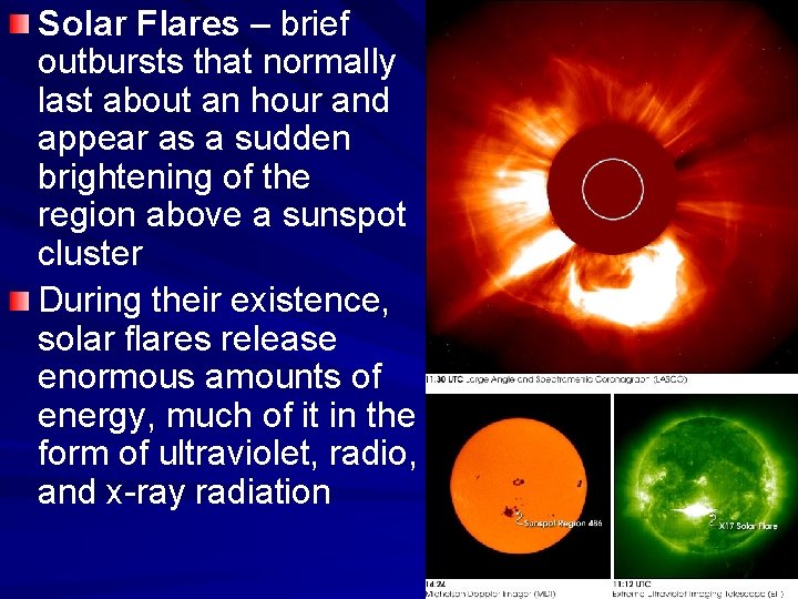 Solar Flares – brief outbursts that normally last about an hour and appear as