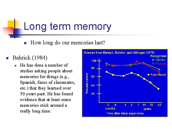 Long term memory n n How long do our memories last? Bahrick (1984) n