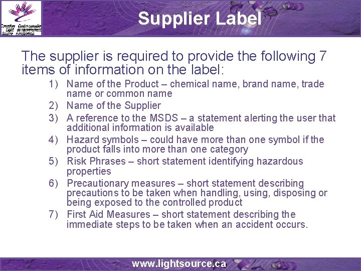 Supplier Label The supplier is required to provide the following 7 items of information