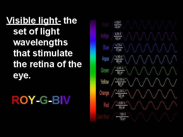 Visible light- the set of light wavelengths that stimulate the retina of the eye.