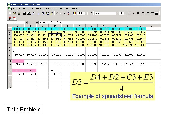 Example of spreadsheet formula Toth Problem 