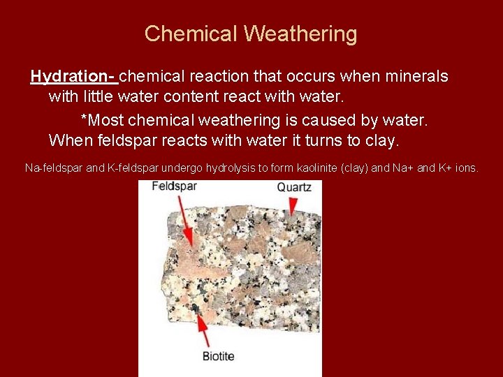 Chemical Weathering Hydration- chemical reaction that occurs when minerals with little water content react
