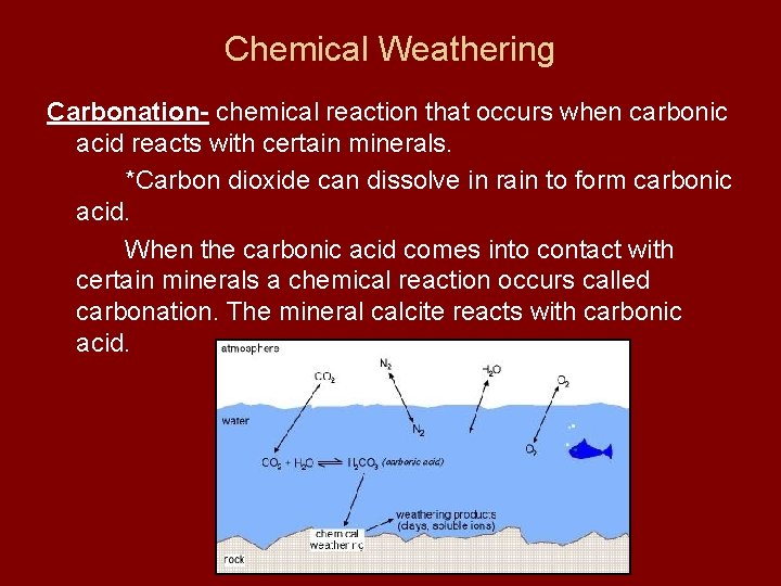 Chemical Weathering Carbonation- chemical reaction that occurs when carbonic acid reacts with certain minerals.