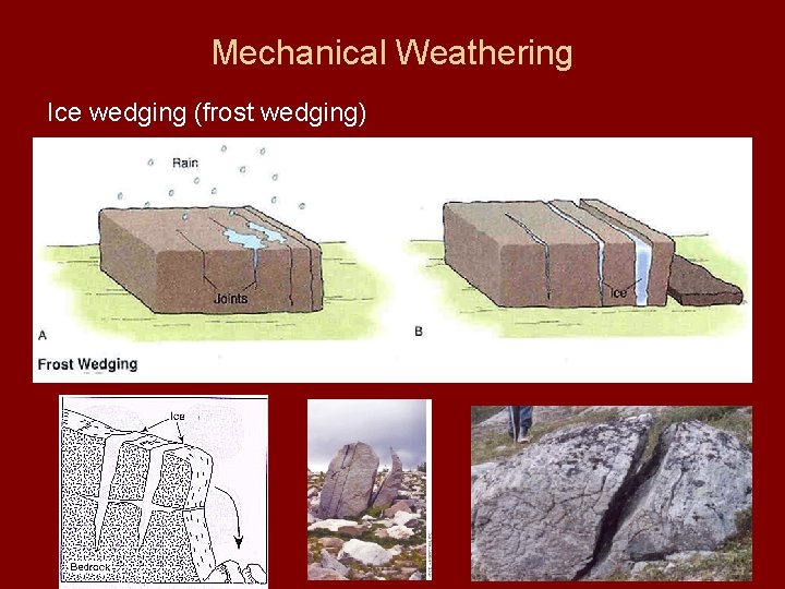 Mechanical Weathering Ice wedging (frost wedging) 