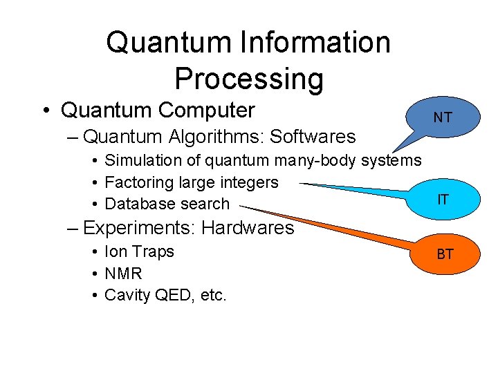 Quantum Information Processing • Quantum Computer NT – Quantum Algorithms: Softwares • Simulation of