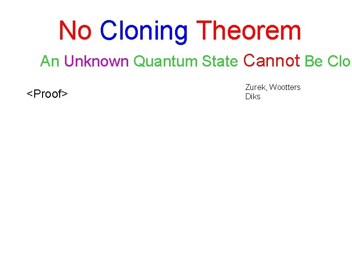 No Cloning Theorem An Unknown Quantum State Cannot Be Clon <Proof> Zurek, Wootters Diks