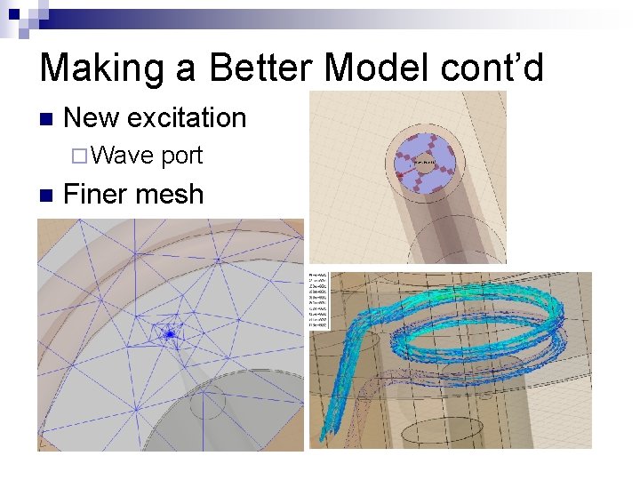 Making a Better Model cont’d n New excitation ¨ Wave n port Finer mesh