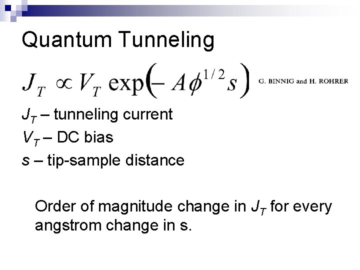 Quantum Tunneling JT – tunneling current VT – DC bias s – tip-sample distance