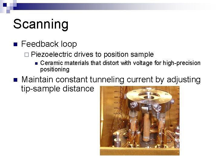 Scanning n Feedback loop ¨ Piezoelectric drives to position sample n Ceramic materials that