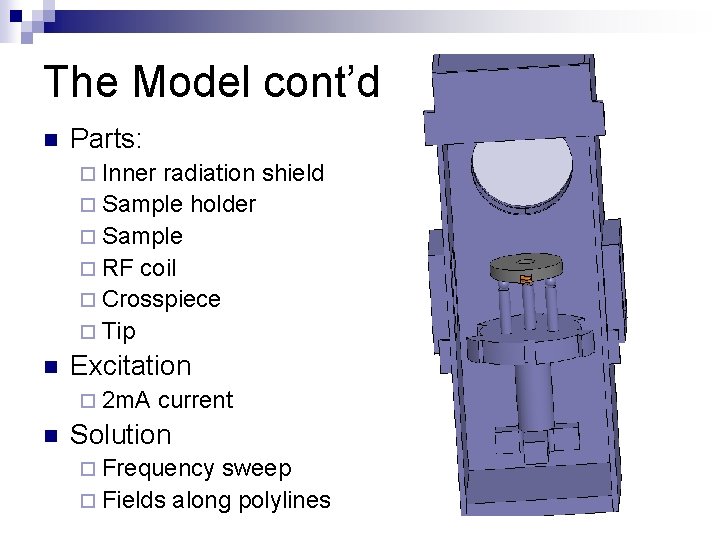 The Model cont’d n Parts: ¨ Inner radiation shield ¨ Sample holder ¨ Sample