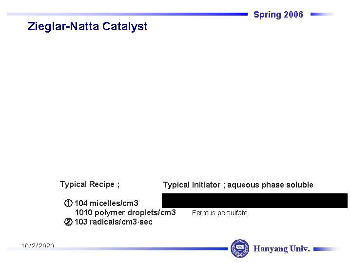 Spring 2006 Zieglar-Natta Catalyst Typical Recipe ; Typical Initiator ; aqueous phase soluble ①