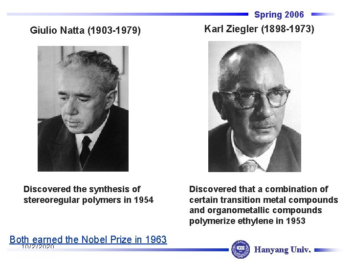 Spring 2006 Giulio Natta (1903 -1979) Discovered the synthesis of stereoregular polymers in 1954