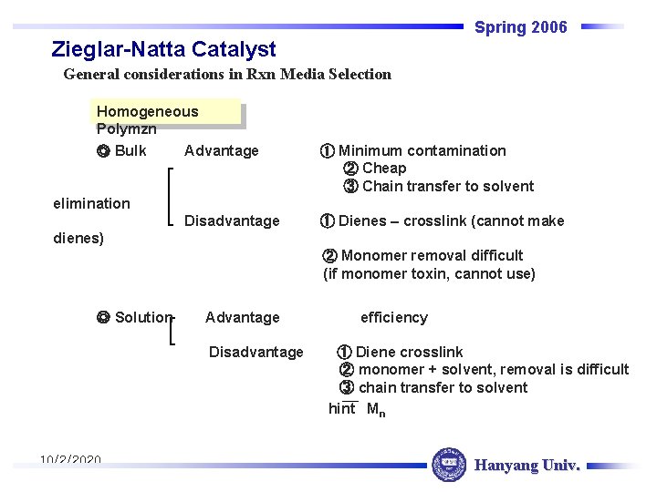 Spring 2006 Zieglar-Natta Catalyst General considerations in Rxn Media Selection Homogeneous Polymzn ◎ Bulk