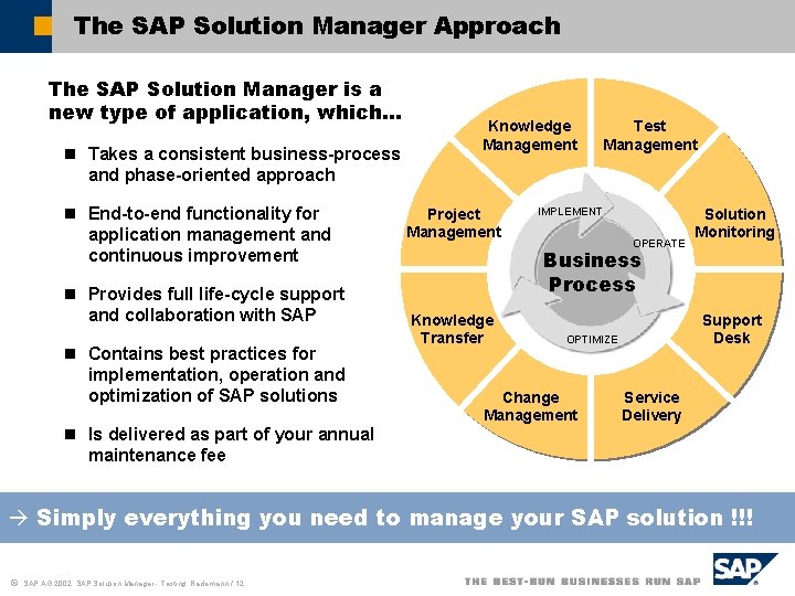 The SAP Solution Manager Approach The SAP Solution Manager is a new type of