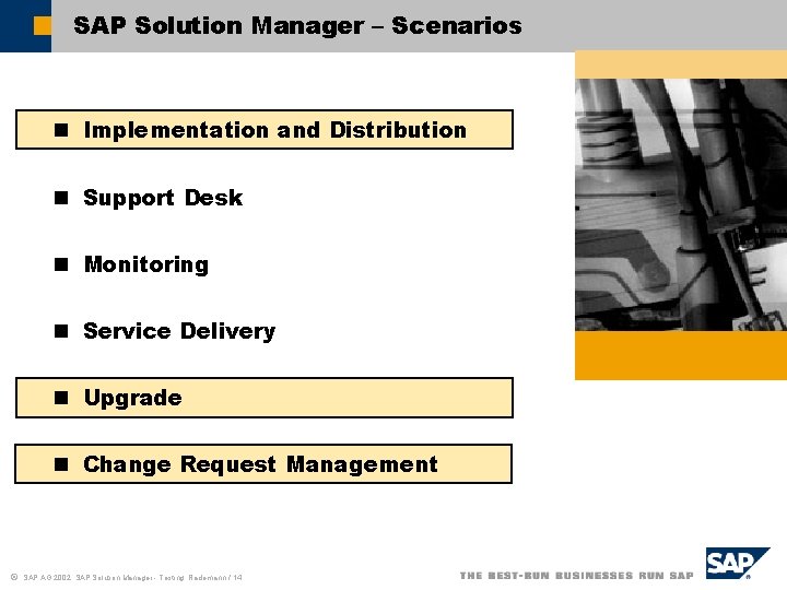 SAP Solution Manager – Scenarios n Implementation and Distribution n Support Desk n Monitoring