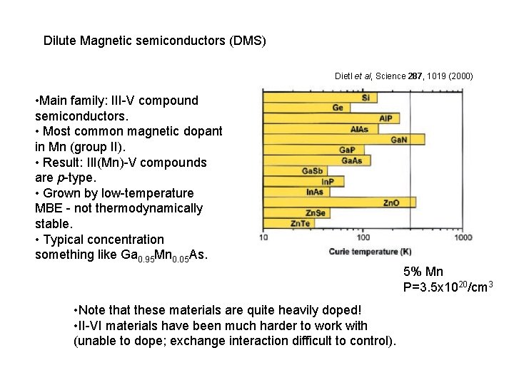 Dilute Magnetic semiconductors (DMS) Dietl et al, Science 287, 1019 (2000) • Main family: