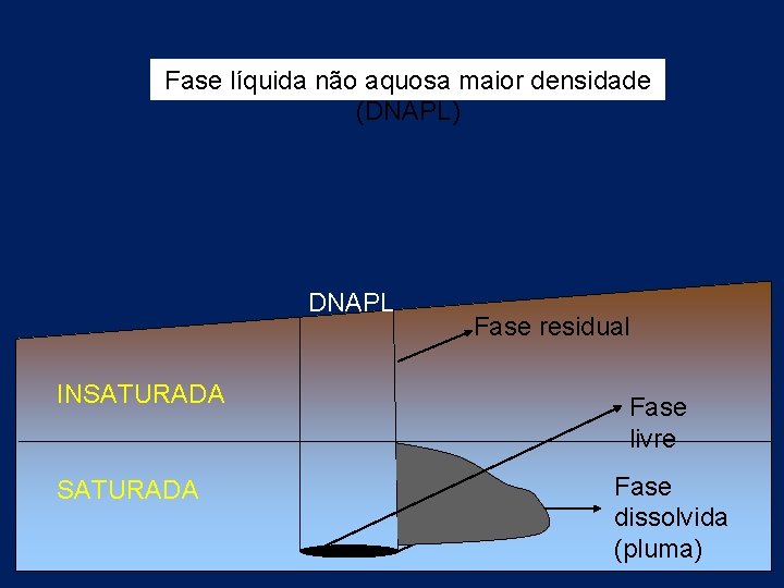 Fase líquida não aquosa maior densidade (DNAPL) DNAPL Fonte: Cetesb INSATURADA Fase residual Fase