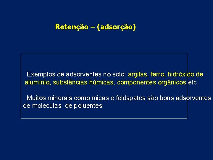 Retenção – (adsorção) Exemplos de adsorventes no solo: argilas, ferro, hidróxido de alumínio, substâncias