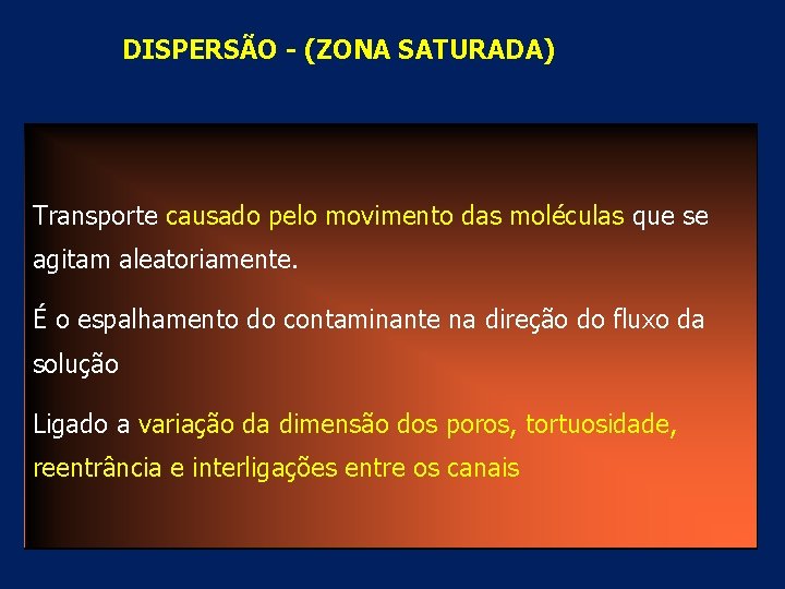 DISPERSÃO - (ZONA SATURADA) Transporte causado pelo movimento das moléculas que se agitam aleatoriamente.