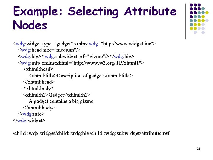 Example: Selecting Attribute Nodes <wdg: widget type="gadget" xmlns: wdg="http: //www. widget. inc"> <wdg: head